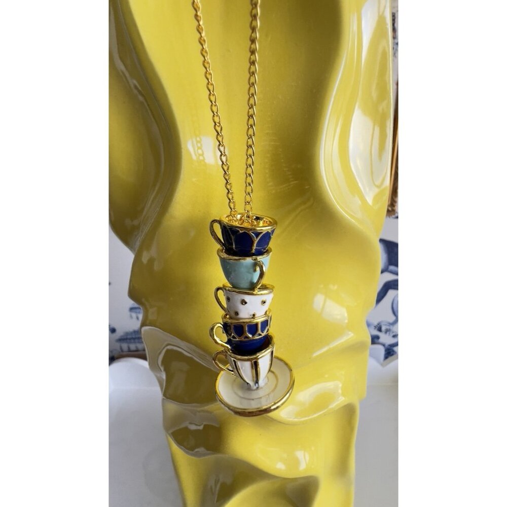 Stacking 5 Teacup Pendant Necklace Gold Tone Chain UNIQUE Multicolor Enamel Blue